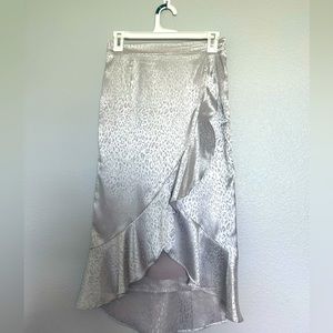 Silver Satin Ruffle Midi Skirt